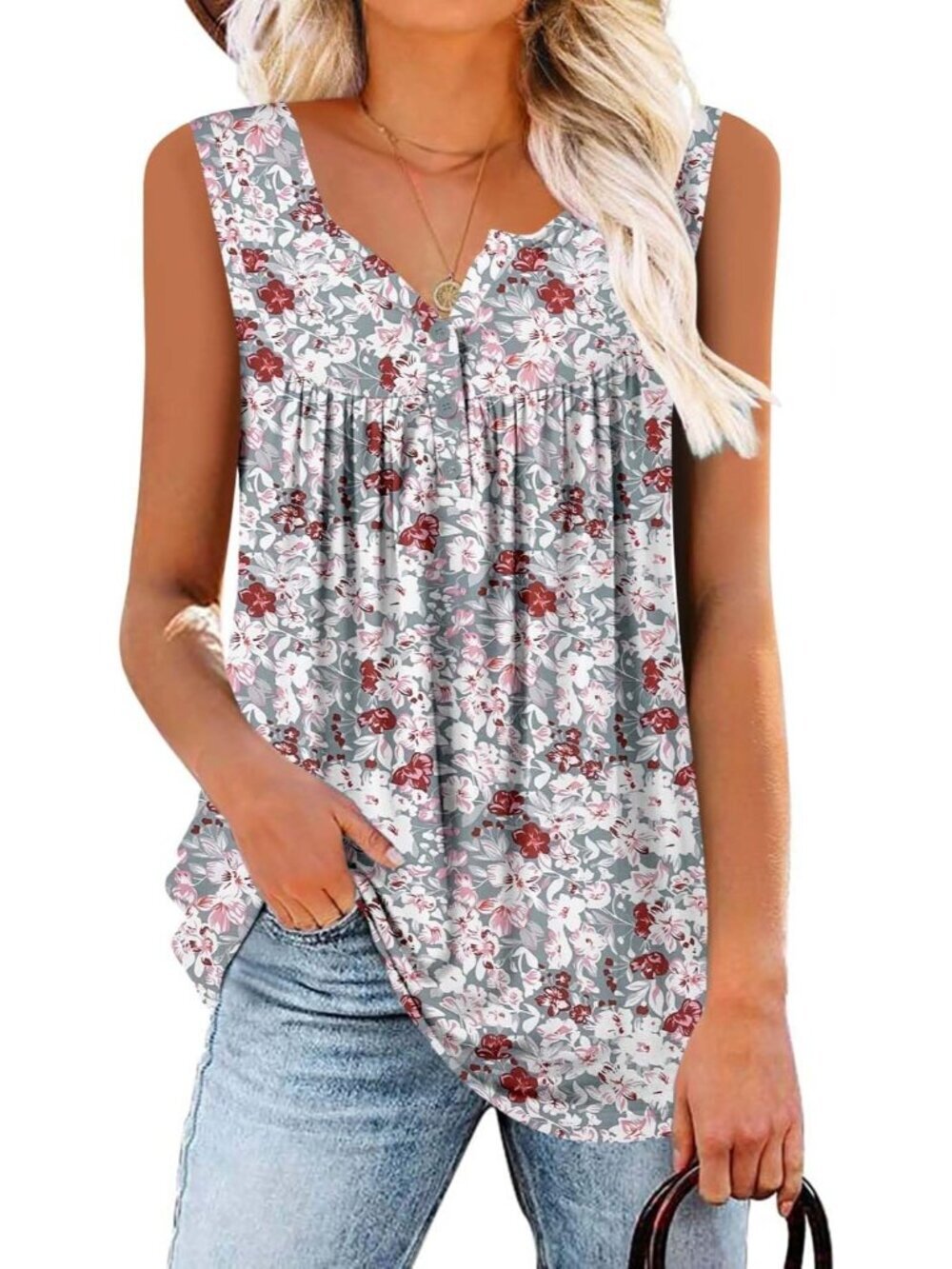 Women's Grey Pink Tank Tops Pleated Blouse Summer Sleeveless Tops Basic